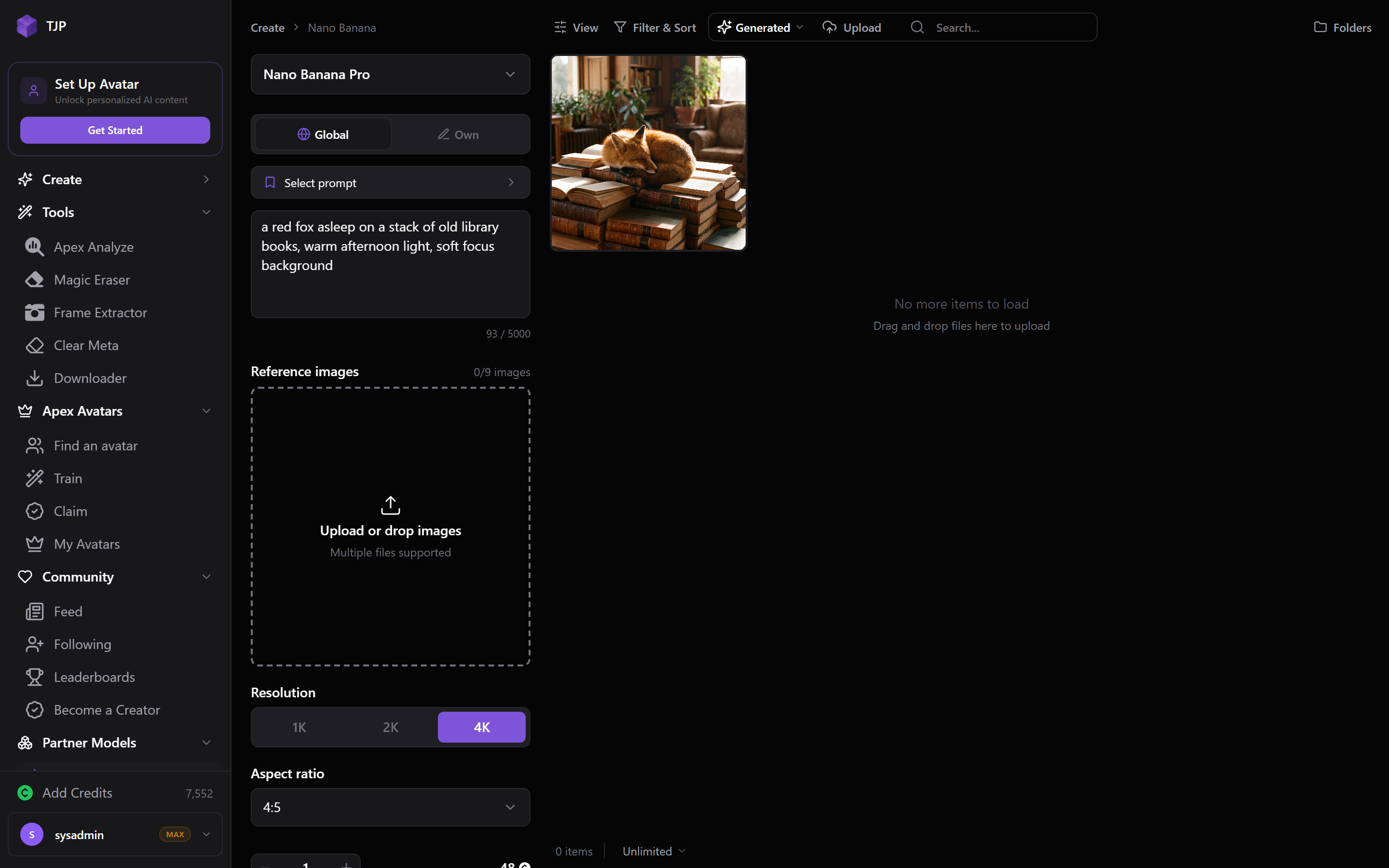 The workspace: the tool menu on the left, the selected tool's panel in the middle with its prompt box and settings, and the gallery on the right showing a finished image.